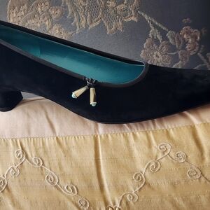 Salvatore Ferragamo Black Velvet Kitten Heel with Silver Tassels